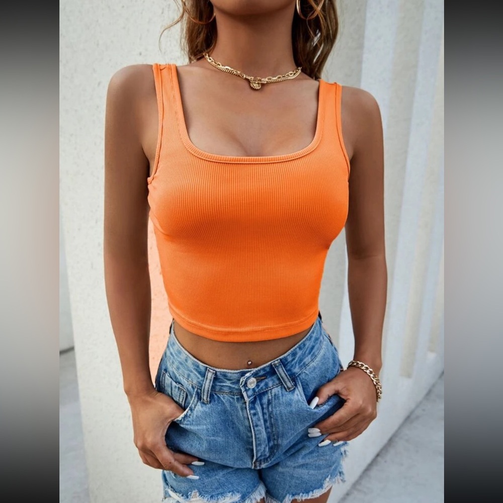 Orange Ribbed Knit Solid Tank Top - Picture 2 of 7